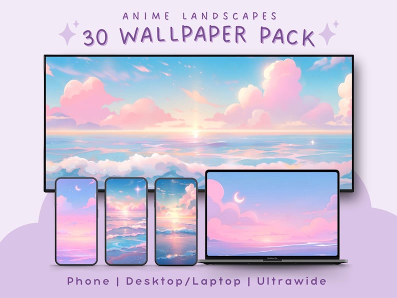 Op de afbeelding: Een digitaal kunstpakket met 30 anime-landschap wallpapers. De afbeelding toont een groot scherm met een zonsondergang boven de oceaan, met roze en blauwe wolken. Kleinere schermen van telefoons en een laptop tonen vergelijkbare ontwerpen. De tekst luidt "ANIME LANDSCAPES 30 WALLPAPER PACK".