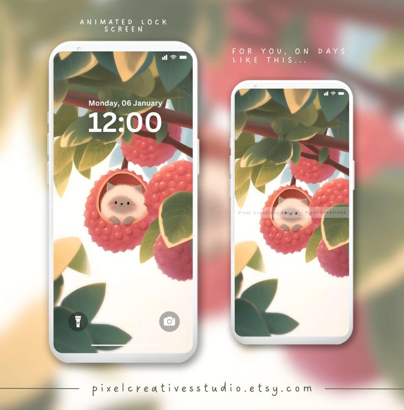 Kawaii Cat in Lychee Animated Lock Screen Cute Cat Aesthetic Phone ...