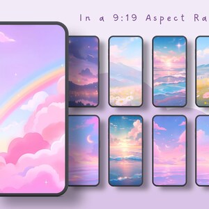 Op de afbeelding: Smartphone wallpapers met dromerige, pastelkleurige landschappen. De ontwerpen omvatten regenbogen, wolken, zonsondergangen en maanverlichte sc&egrave;nes. De tekst "In a 9:19 Aspect Ratio" staat bovenaan.