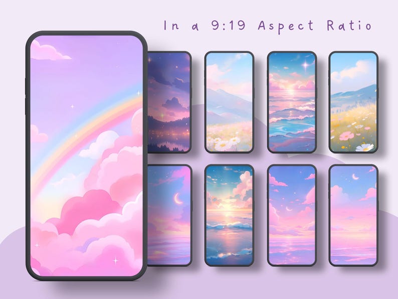 Op de afbeelding: Smartphone wallpapers met dromerige, pastelkleurige landschappen. De ontwerpen omvatten regenbogen, wolken, zonsondergangen en maanverlichte sc&egrave;nes. De tekst "In a 9:19 Aspect Ratio" staat bovenaan.