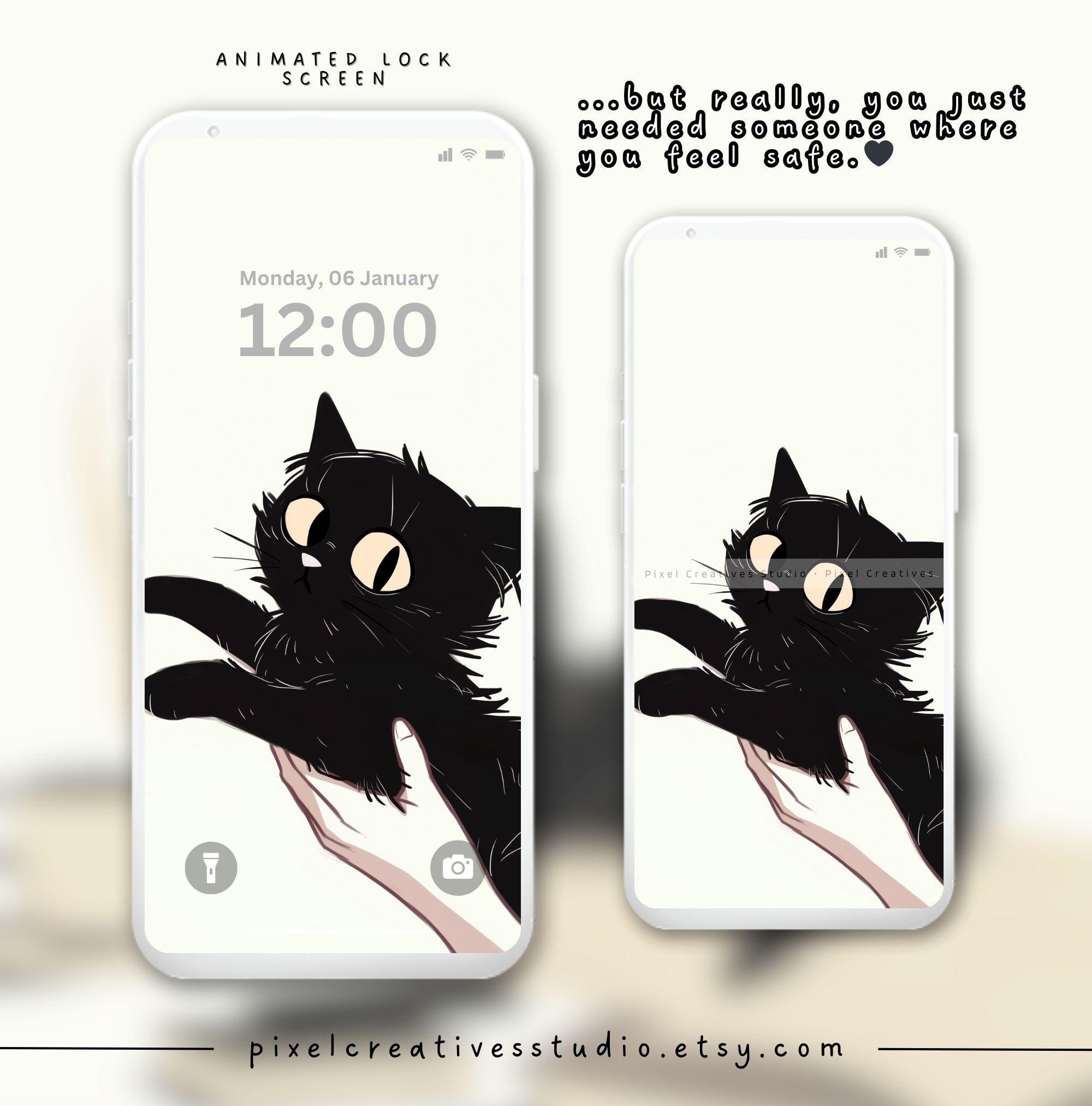 Cozy Black Cat Animated Lock Screen Wallpaper Cute Aesthetic Cat Phone ...