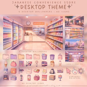 Puede incluir: Un conjunto de temas de escritorio digital con estética de tienda de conveniencia japonesa. Incluye 5 fondos de pantalla, 60 iconos y cursores. Las imágenes muestran estantes de aperitivos, refrigeradores de bebidas y objetos pequeños.