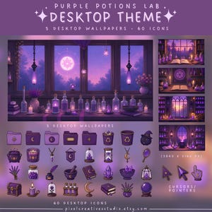 Könnte beinhalten: Ein Desktop-Themenset mit dem Titel Purple Potions Lab, bestehend aus 5 Hintergrundbildern mit violetten Laborszenen, 60 Symbolen wie Kesseln, Kristallen und Büchern sowie benutzerdefinierten Cursorn in einer Auflösung von 3840 x 2160 px.