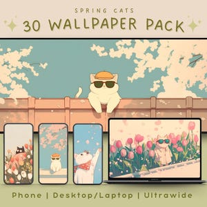 Könnte beinhalten: Ein Set mit 30 digitalen Hintergrundbildern mit niedlichen Cartoon-Katzen in einer Frühlingslandschaft. Die Hintergrundbilder sind in den Formaten Telefon, Desktop/Laptop und Ultrawide verfügbar. Die Bilder zeigen Katzen mit Blumen, einem Zaun und einem blauen Himmel.