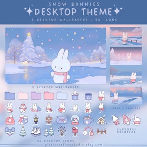May include: A digital desktop theme set titled SNOW BUNNIES featuring 5 wallpapers with a white rabbit in snowy landscapes, 50 icons including folders, winter clothing, and holiday items, plus custom mouse cursors with a pink scarf design.