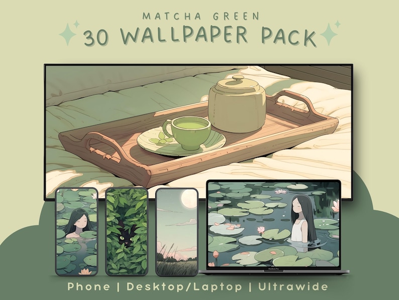 Papier peint vert matcha, papier peint matcha, papier peint chat noir, papier peint tulipe, amoureux du matcha, fond vert clair, esthétique verte image 1