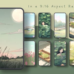 Papier peint vert matcha, papier peint matcha, papier peint chat noir, papier peint tulipe, amoureux du matcha, fond vert clair, esthétique verte image 3