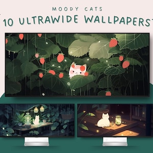 Papel de parede ultrawide com gatos mal-humorados, fundo kawaii com gatos e plantas (download digital)