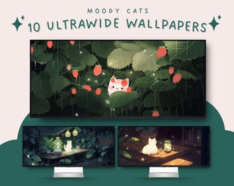 Moody Cats Ultrawide Wallpaper, Kawaii Cat & Plants Background (Digital Download)