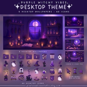 Puede incluir: Un conjunto de temas de escritorio titulado Purple Witchy Vibes que incluye 5 fondos de pantalla y 60 iconos. Los gráficos muestran carpetas moradas, sombreros de bruja, fantasmas, cristales, búhos y frascos de pociones, con cursores personalizados.