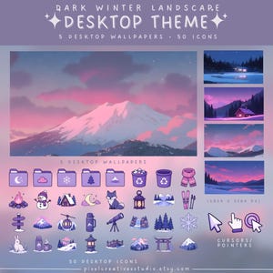 May include: A digital desktop theme set titled Dark Winter Landscape featuring 5 wallpapers and 50 icons in shades of purple and pink. The set includes folder icons, winter-themed graphics like snowmen and mountains, and custom mouse cursors.