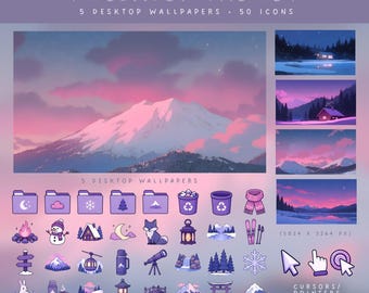 Tema de inverno escuro para desktop, pacote de ícones de inverno para desktop, papel de parede nevado para computador, estética roxa para desktop, papel de parede aconchegante de inverno, ícones aconchegantes de neve.