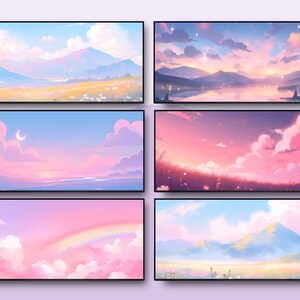 Op de afbeelding: Zes ingelijste landschapskunstprints met pastelkleurige luchten, bergen en velden. Het kunstwerk toont een dromerige esthetiek met zachte blauwe, roze en paarse tinten. Elke print heeft een zwart frame.