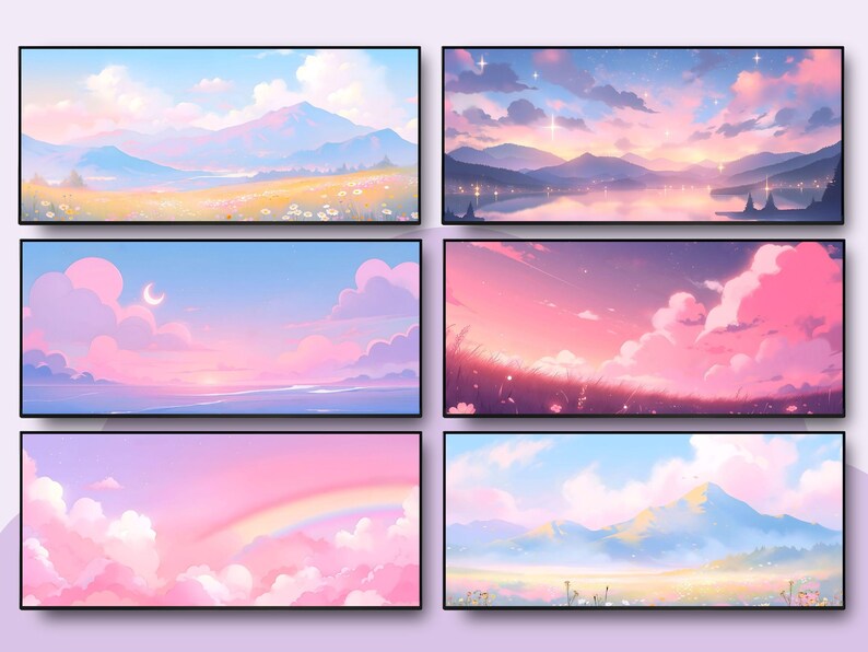 Op de afbeelding: Zes ingelijste landschapskunstprints met pastelkleurige luchten, bergen en velden. Het kunstwerk toont een dromerige esthetiek met zachte blauwe, roze en paarse tinten. Elke print heeft een zwart frame.