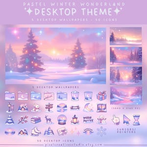 May include: A digital desktop theme set titled Pastel Winter Wonderland, featuring 5 wallpapers with snowy landscapes, 50 icons including snowmen, rabbits, and lanterns, and custom cursors. The text reads 3840 x 2160 px and pixelcreativestudio.etsy.com.