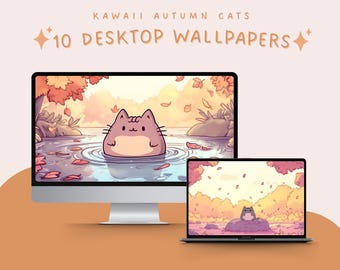 Kawaii Autumn Cats Desktop Wallpaper (Digital Download)