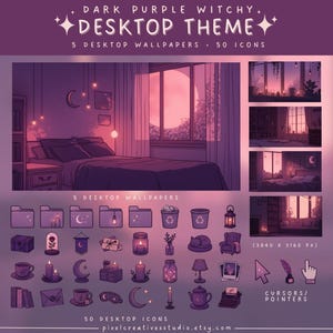 Puede incluir: Un conjunto de temas de escritorio digital con estética brujeril en tonos morados oscuros. Incluye 5 fondos de pantalla con escenas de dormitorio y 50 iconos que representan velas, lunas, libros y muebles. También incluye cursores y punteros.