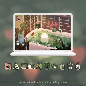 Puede incluir: Un port&aacute;til blanco muestra una ilustraci&oacute;n caprichosa de una rana en una ba&ntilde;era, rodeada de otros elementos con tem&aacute;tica de ranas. La imagen incluye un icono de carpeta, una tetera, velas y otros elementos decorativos. pixelcreativesstudio.etsy.com.
