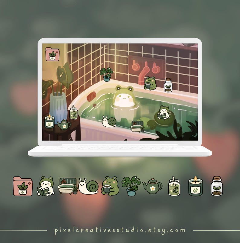 Puede incluir: Un port&aacute;til blanco muestra una ilustraci&oacute;n caprichosa de una rana en una ba&ntilde;era, rodeada de otros elementos con tem&aacute;tica de ranas. La imagen incluye un icono de carpeta, una tetera, velas y otros elementos decorativos. pixelcreativesstudio.etsy.com.