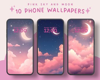 Pink sky and moon lock screen night sky mobile wallpapers dreamy pastel cloud background android wallpapers ios wallpapers moon wallpapers