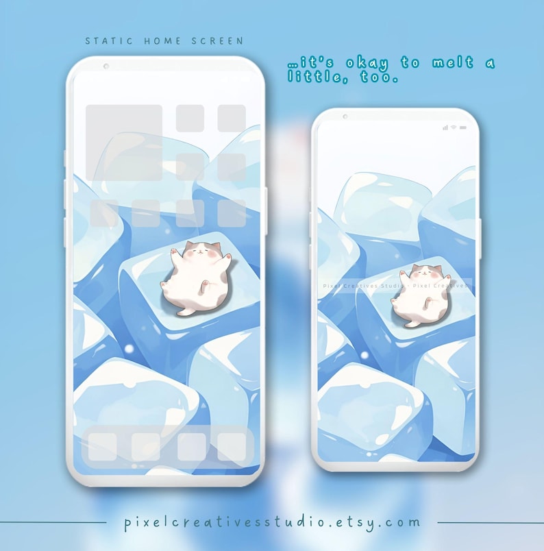 Cute Kawaii Cat Ice Cube Wallpaper Cozy Blue Aesthetic Animated Lock ...