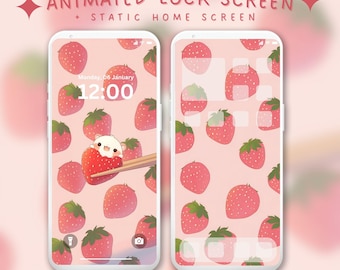 Berry Cute Mochi Animated Lock Screen Kawaii Aesthetic Static Wallpaper Kawaii Strawberry iPhone Android Wallpaper Cute Pink Anime Wallpaper