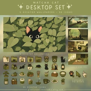 Puede incluir: Un conjunto de escritorio Matcha Cat con 5 fondos de pantalla y 55 iconos en tonos verdes. El set incluye ilustraciones de un gato negro, follaje, artículos relacionados con el té y escenas naturales, junto con cursores e iconos de carpetas.
