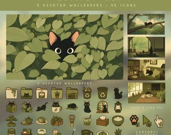 Matcha Cat Desktop Set: Cute Cat Wallpaper & Desktop Icons, Cozy Green Computer Theme (Digital Download)