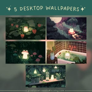 Puede incluir: Cinco fondos de pantalla digitales para escritorio con ilustraciones caprichosas. Las escenas incluyen un hongo brillante, un gato en un coche, un gato en una ba&ntilde;era, un gato en un jard&iacute;n y un gato con fresas. El texto "5 DESKTOP WALLPAPERS" est&aacute; en la parte superior.