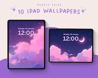 Purple Sky iPad Wallpaper Bundle Dreamy Cloud Aesthetic iPad Backgrounds Moon & Stars Tablet Wallpaper Soft Pastel Night Sky Wallpaper Pack