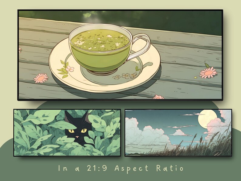 Papier peint vert matcha, papier peint matcha, papier peint chat noir, papier peint tulipe, amoureux du matcha, fond vert clair, esthétique verte image 8