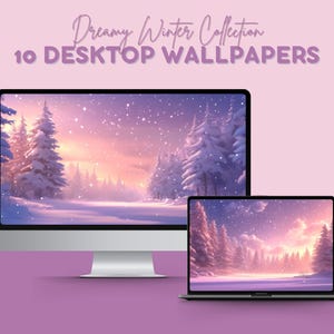 May include: A desktop computer and laptop display a winter landscape with snow-covered trees under a starry sky. The text "Dreamy Winter Collection" and "10 Desktop Wallpapers" is displayed above the screens.