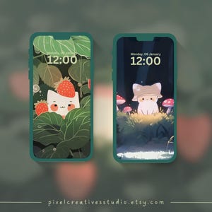 Puede incluir: Dos smartphones que muestran fondos de pantalla con tem&aacute;tica de gatos. Uno presenta un gato blanco con fresas, el otro un gato con un sombrero de seta. Ambas pantallas muestran la fecha y la hora. Las fundas de los tel&eacute;fonos son de color verde azulado y el fondo es verde borroso.