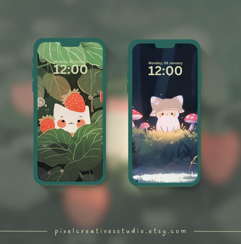 Puede incluir: Dos smartphones que muestran fondos de pantalla con tem&aacute;tica de gatos. Uno presenta un gato blanco con fresas, el otro un gato con un sombrero de seta. Ambas pantallas muestran la fecha y la hora. Las fundas de los tel&eacute;fonos son de color verde azulado y el fondo es verde borroso.
