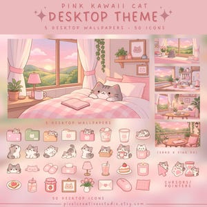 May include: A digital desktop theme set titled Pink Kawaii Cat featuring 5 wallpapers and 50 icons. The graphics include a cat in a bedroom, various folder icons, cursors, and pointers in a pink color palette. Text includes Pink Kawaii Cat Desktop Theme.