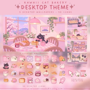 May include: A digital desktop theme set titled Kawaii Cat Bakery featuring 5 wallpapers and 50 icons. The graphics display a pink-toned kitchen with a black cat, baked goods, floral patterns, and custom cursors in a 3840 x 2160 px resolution.