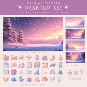 May include: A digital desktop set with a dreamy winter theme. The set includes 5 wallpapers and 80 icons, featuring a snowy landscape with pink and purple hues. The icons are pastel-colored and depict winter-themed objects.