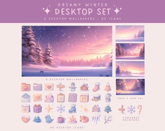 Ensemble d'icônes de bureau hiver rêveur, organiseur de bureau esthétique hiver, icônes de dossier de bureau de Noël, ensemble de bureau mignon, icônes de fenêtre, icônes Macbook