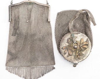 Ernst Bek silver mesh purse compact.  Art Nouveau Mesh Bag and Mesh Bag with Compact Antique purse Silver plate mesh Bek marked