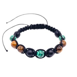 Malachite, Tiger&#39;s Eye & Onyx Unisex Shamballa Bracelet. Adjustable Bracelet for Men or Women. Natural Gemstone Bracelet.