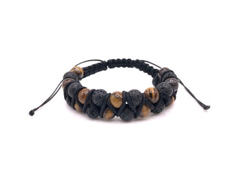 Tiger’s Eye and Lava Natural Stone Double Shamballa Bracelet. Expandable. Gemstone Jewelry, Great for Gifting