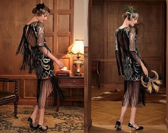 1920s Great Gatsby Flapper, Fringe Dress, Sequin Cocktail Party, Dress beaded, Gown Art Deco, Bridesmaid Wedding