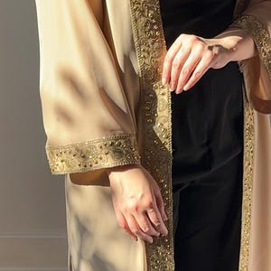 Beige Chiffon Kaftan/Abaya/Chapan with Golden Embroidery – Handsewn Long Sleeve Abaya