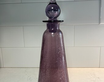 Vintage MCM Hand Blown Amethyst Crackle Glass Decanter.