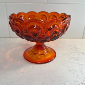 Vintage LE Smith, glass, Amberina, compote, moon, and stars pattern.
