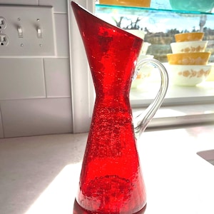 Vintage authentic MCM crackle ruby glass pitcher
