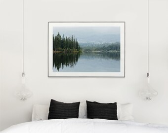 Calm Forest Fine Art Photo Print | Moody Nordic Wall Art | Misty Cabin on Mountain Lake