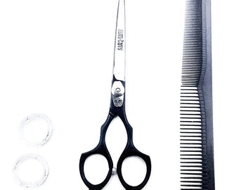 Professional Hair Scissors Elite Cuts 6.5 Inch Japanese J2 Black -Stainless Steel Shears 420C Includes Tip Protector, Hair Comb , Grip Rings