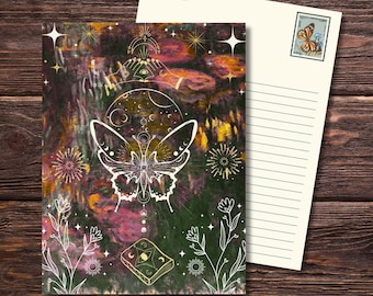 Vlinder kosmische bloemen ansichtkaart, grillige sprookjeswenskaart (5 x 7")