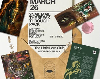 Little Lore Snail Mail March-kunstafdrukken, handgemaakte vinylstickers en ansichtkaarten